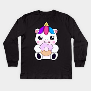 Kawaii Unicorn eating Donut Kids Long Sleeve T-Shirt